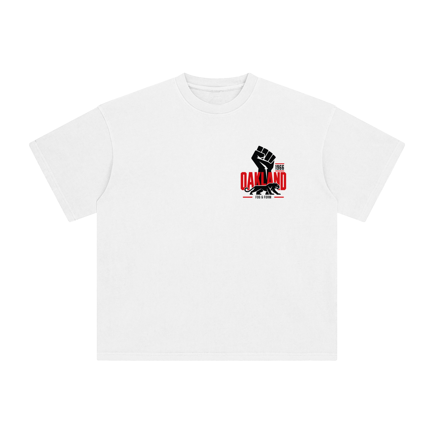 A white Oakland tee with a graphic on the left chest featuring a black raised fist and panther. 