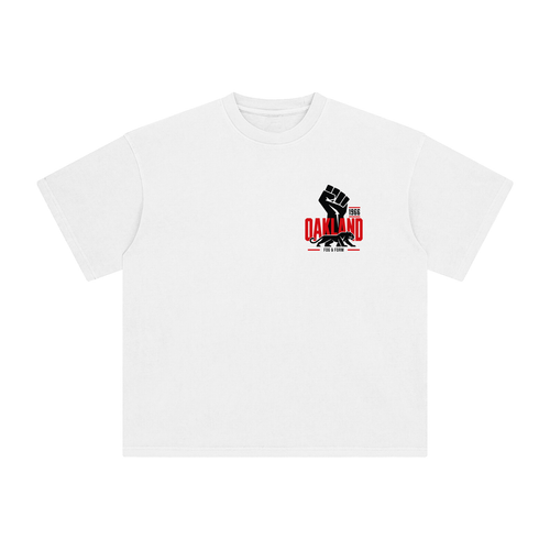 A white Oakland tee with a graphic on the left chest featuring a black raised fist and panther. 