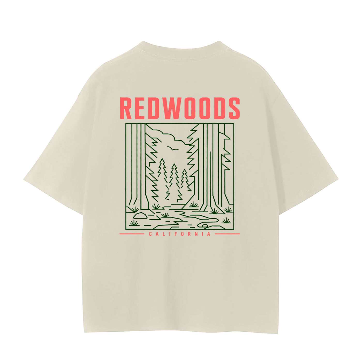 An oversized cream-colored t-shirt with a Redwoods trees on the back. 