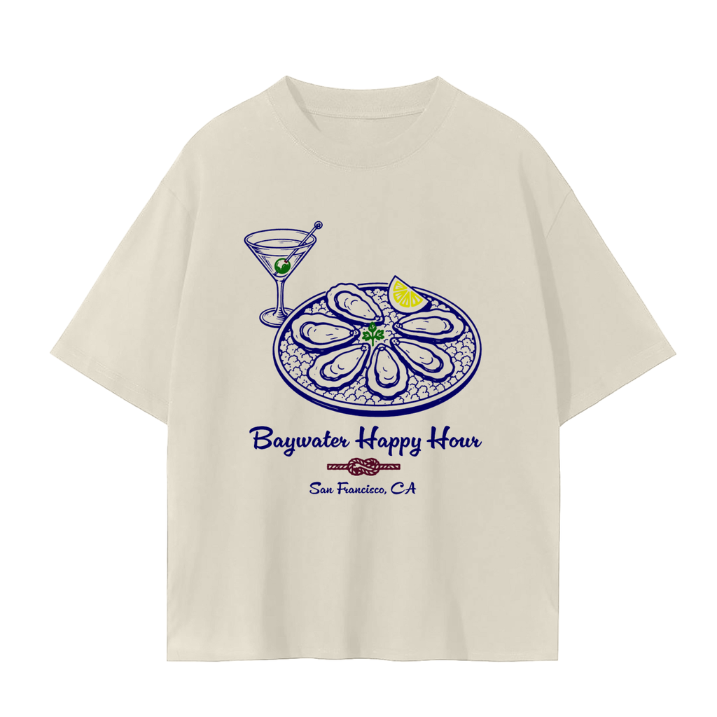 An beige t-shirt with a blue graphic print of oysters, a cocktail, and the text 'Baywater Happy Hour' and 'San Francisco, CA'.