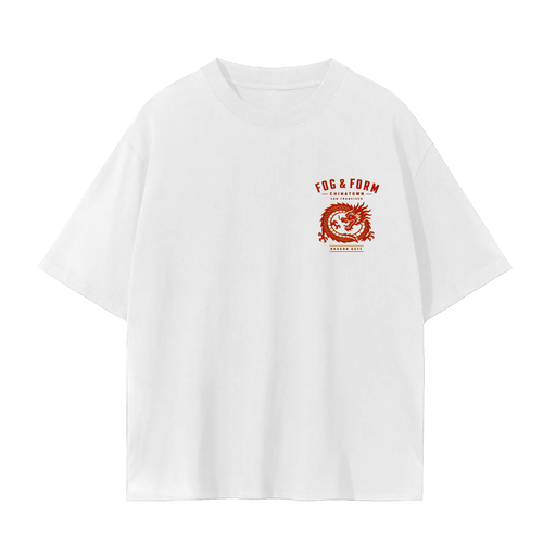 A Fog & Form white short-sleeve crewneck t-shirt with a red graphic print on the left chest featuring a dragon.