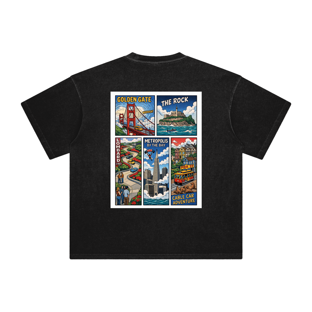A black short-sleeve t-shirt shown flat against a white background, featuring a large SF comic graphic print on the back with six colorful vintage-style city illustrations.
