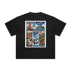A black short-sleeve t-shirt shown flat against a white background, featuring a large SF comic graphic print on the back with six colorful vintage-style city illustrations.