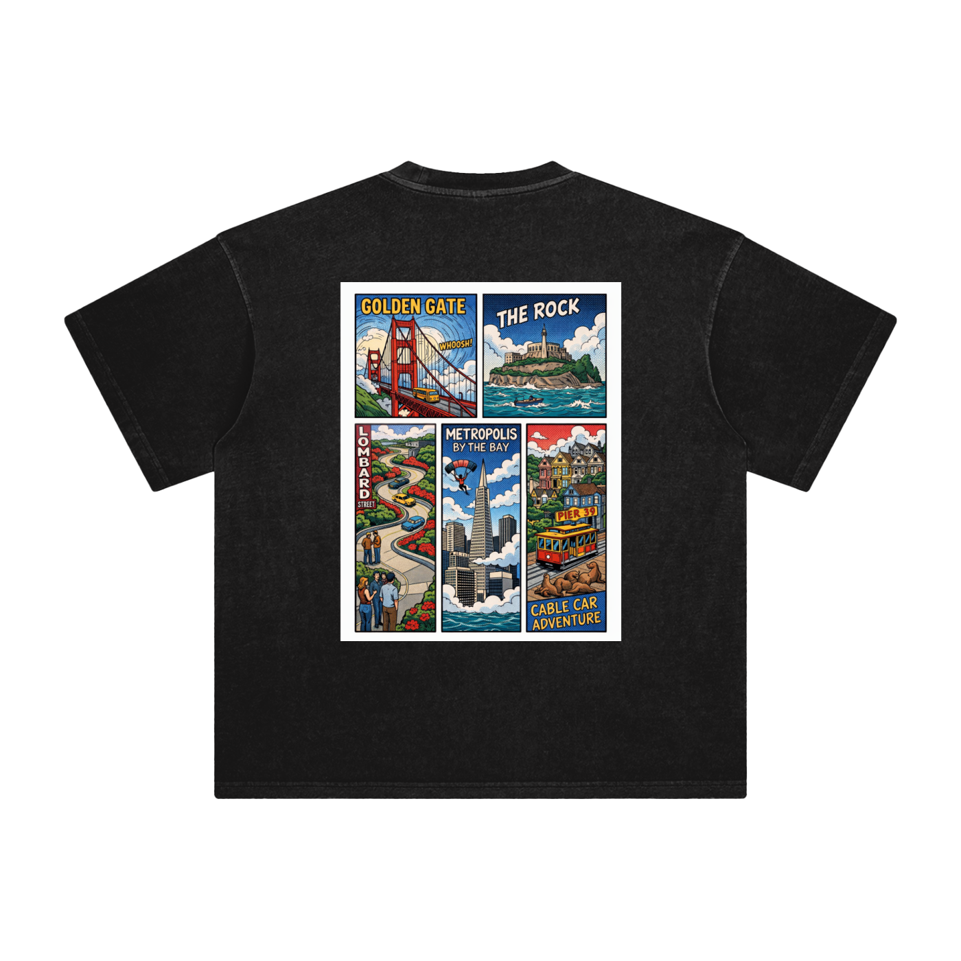 A black short-sleeve t-shirt shown flat against a white background, featuring a large SF comic graphic print on the back with six colorful vintage-style city illustrations.
