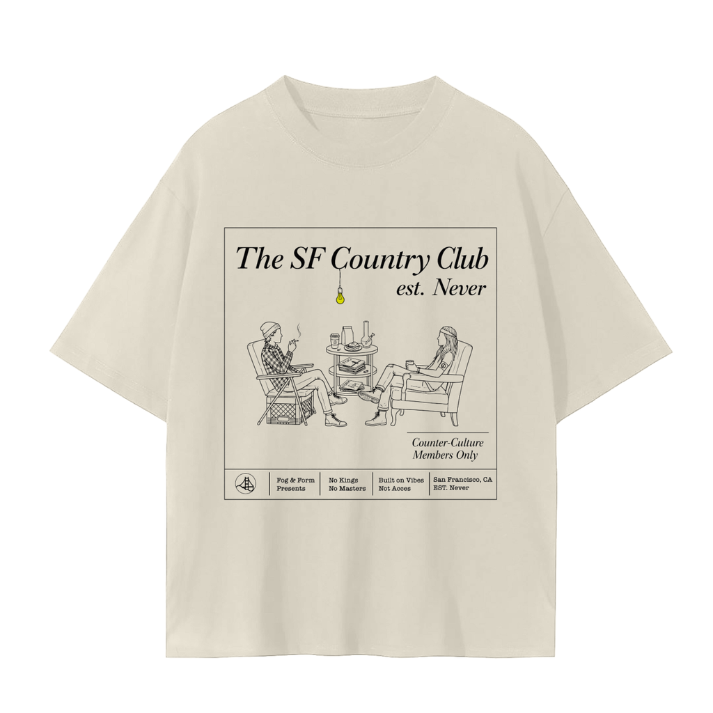 Fog & Form cream cotton t-shirt of SF counter culture country club with two hippies in chairs. 