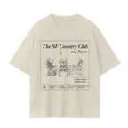 Fog & Form cream cotton t-shirt of SF counter culture country club with two hippies in chairs. 