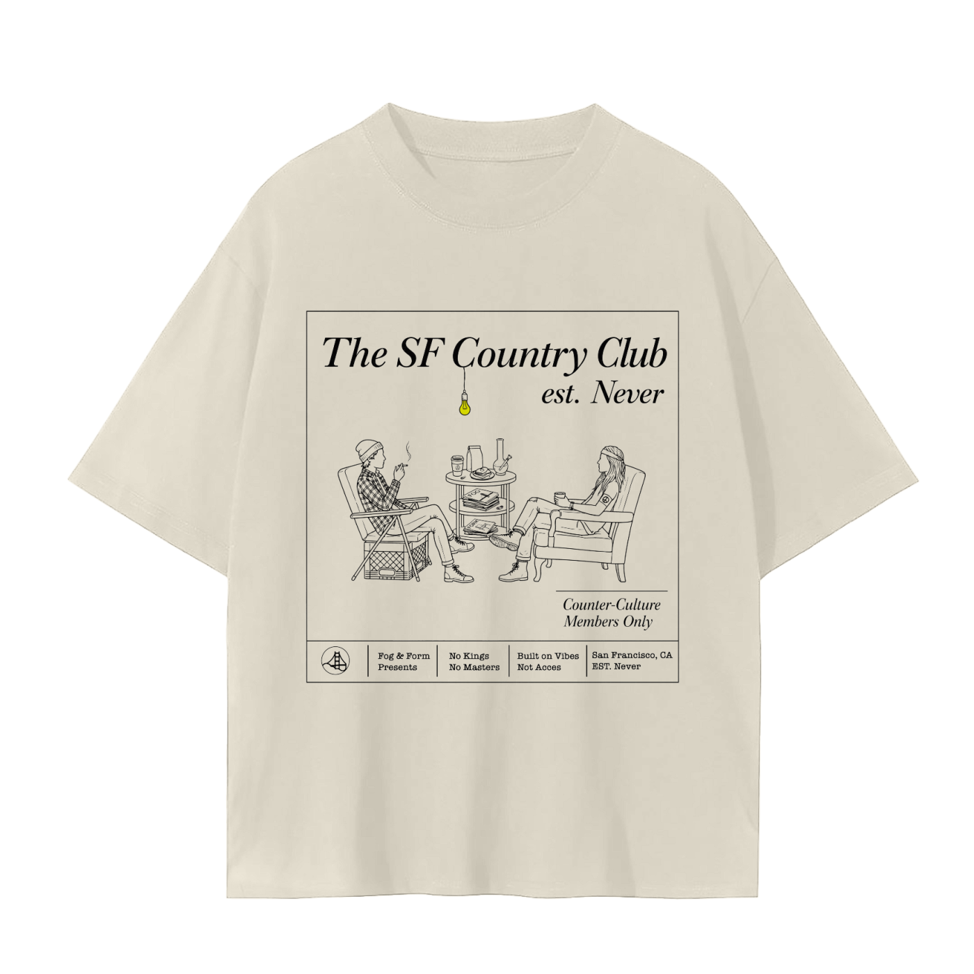 Fog & Form cream cotton t-shirt of SF counter culture country club with two hippies in chairs. 