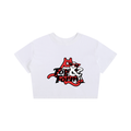 A white short-sleeve crop top featuring a red and black graphic print on the front with the text 'Fog & Form' and a stylized Mrs. & character with SF style. 