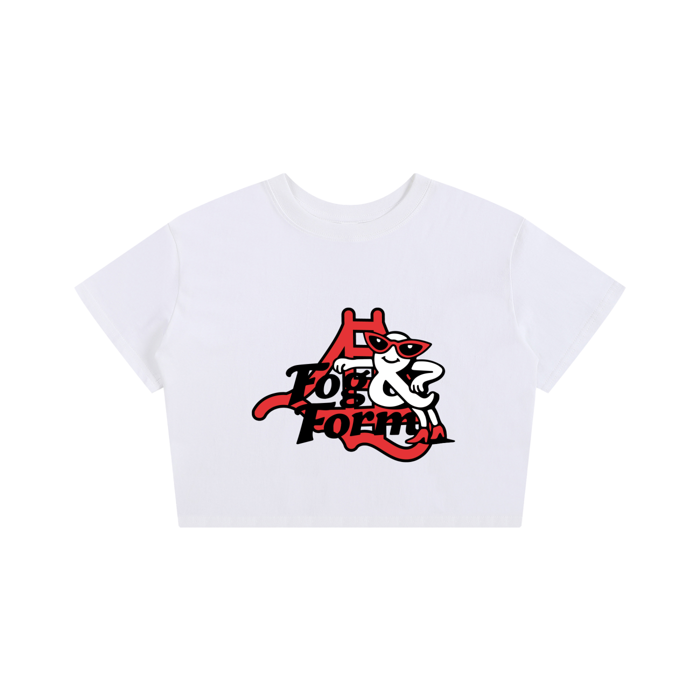 A white short-sleeve crop top featuring a red and black graphic print on the front with the text 'Fog & Form' and a stylized Mrs. & character with SF style. 