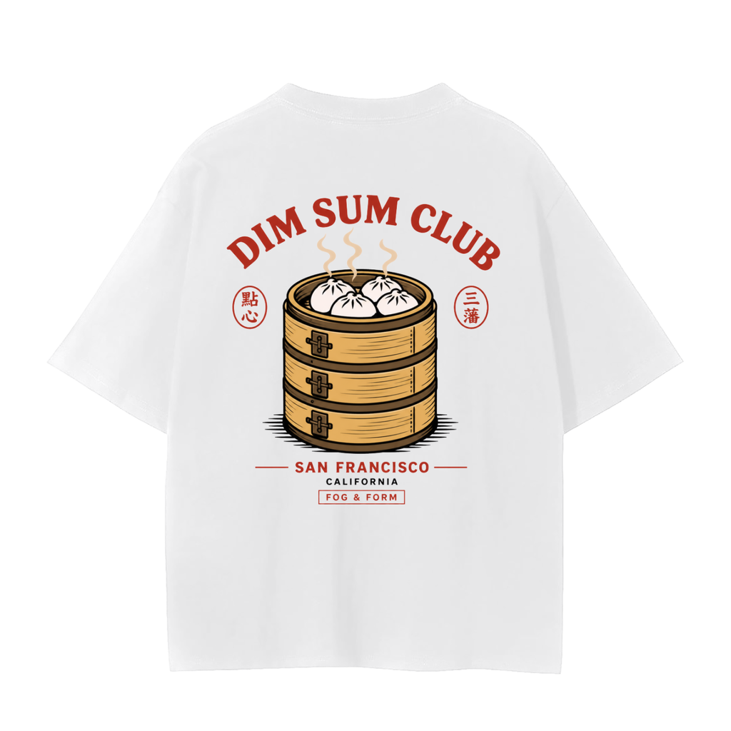 A white short-sleeve t-shirt with a large graphic print on the back featuring a wooden dim sum steamer basket, dumplings, and red text reading 'DIM SUM CLUB'.