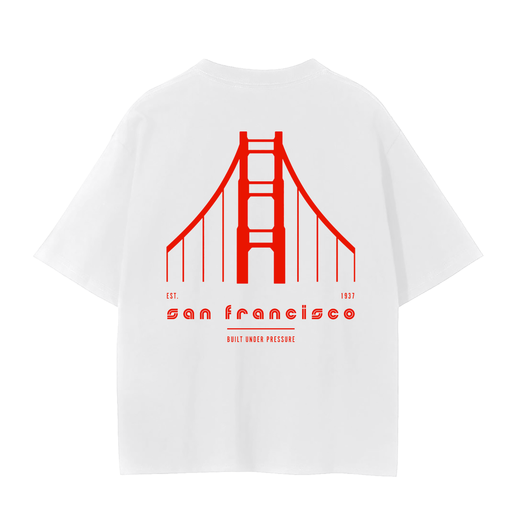 White short-sleeve t-shirt with a red graphic of the Golden Gate Bridge and 'san francisco' text printed on the back.