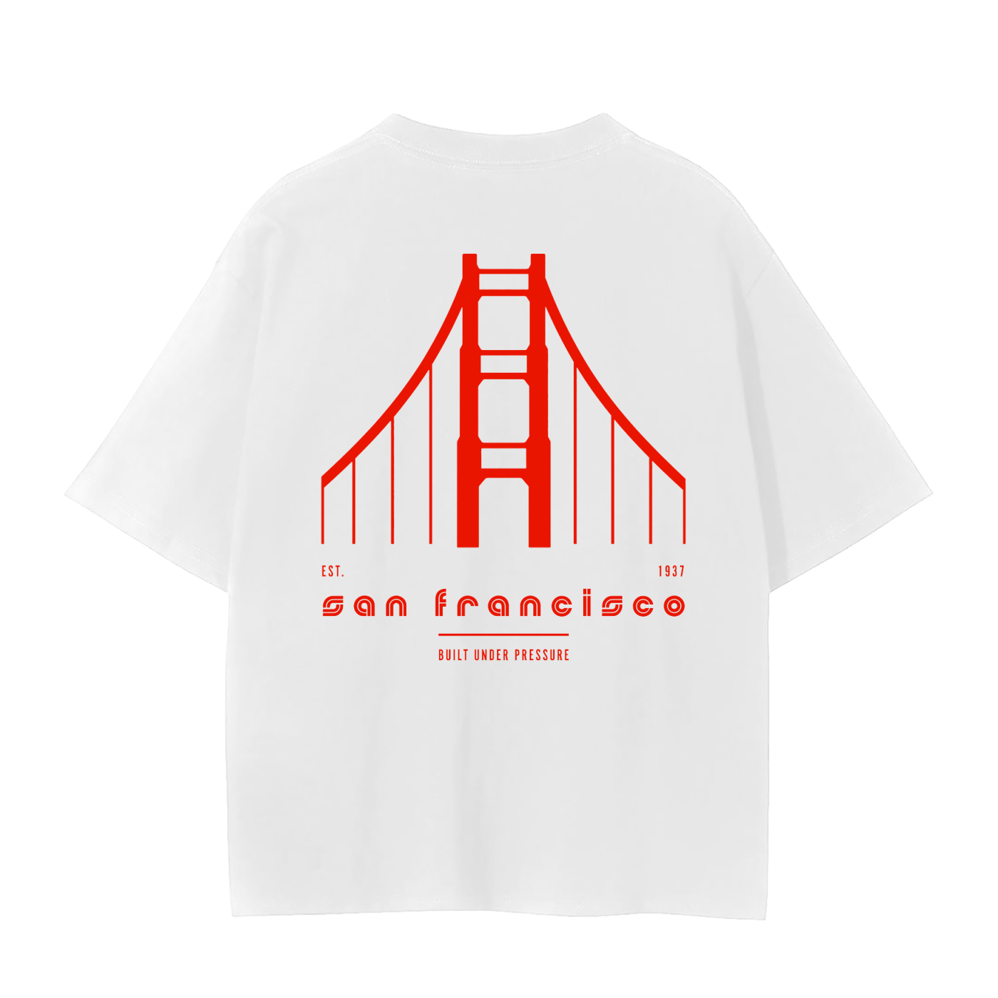 White short-sleeve t-shirt with a red graphic of the Golden Gate Bridge and 'san francisco' text printed on the back.