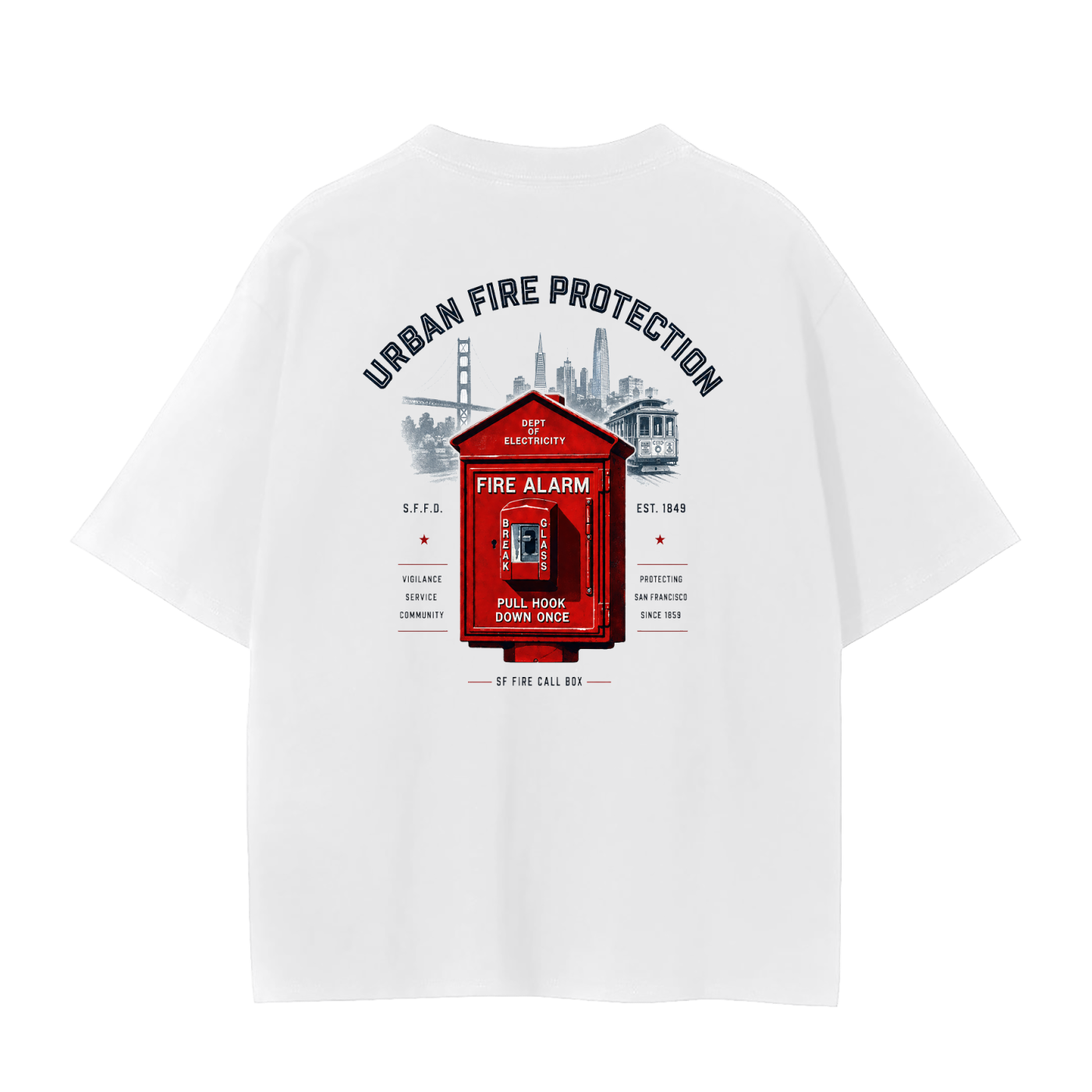 White t-shirt with a graphic of a SF fire callbox alarm for SF history.