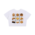 White crop top with a grid of SF pastries.