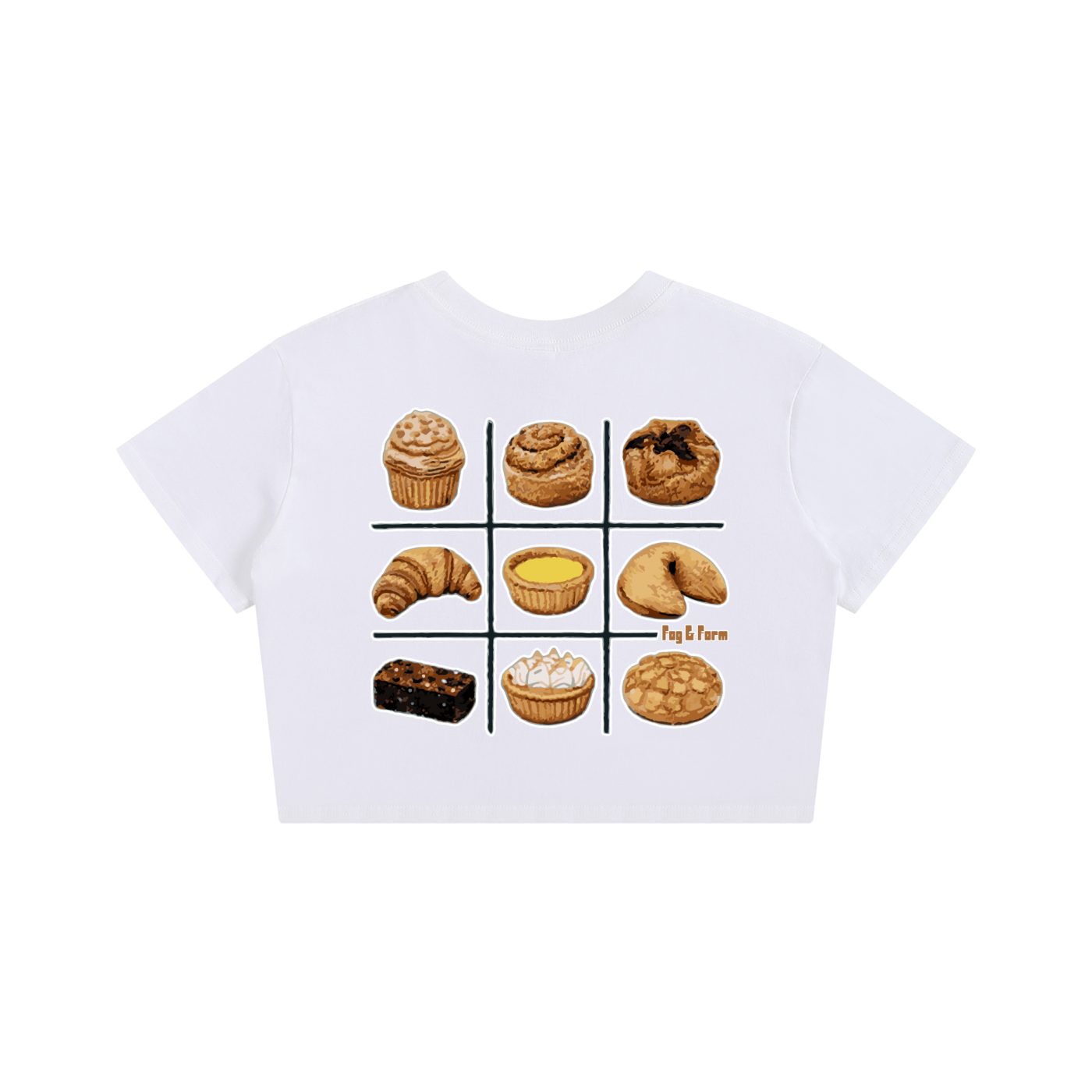 White crop top with a grid of SF pastries.