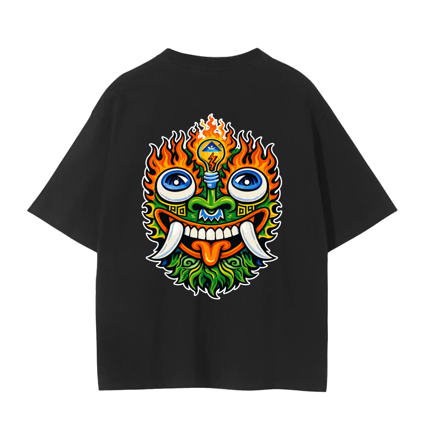 A black short-sleeve t-shirt with a large, colorful graphic of a stylized, multi-eyed Japanese monster face inspired by hippie murals printed on the back.
