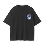 A black short-sleeve crewneck t-shirt with a small asteroid space themed mural with Haight and Ashbury street signs crest graphic on the left chest.