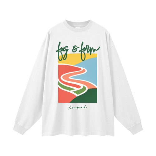A white long-sleeve crewneck featuring a colorful Lomabrd Street abstract graphic print on the front. 