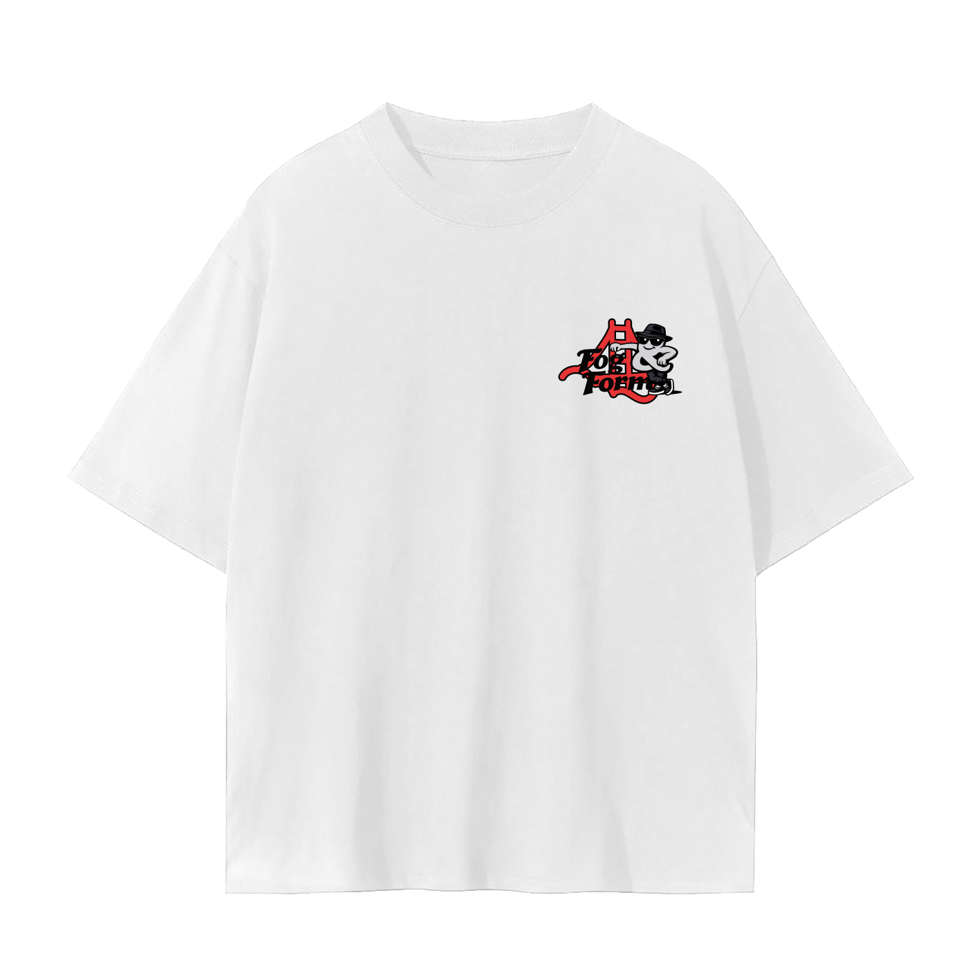 White Tee for Fog & Form SF Mr. Icon posing t-shirt. 
