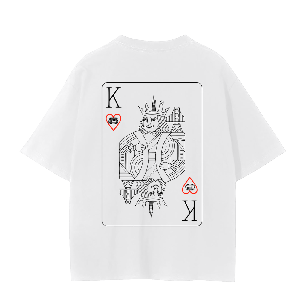 A white short-sleeve t-shirt shown from the back, featuring a large graphic print of a King of Hearts playing card with SF accents.