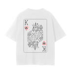 A white short-sleeve t-shirt shown from the back, featuring a large graphic print of a King of Hearts playing card with SF accents.