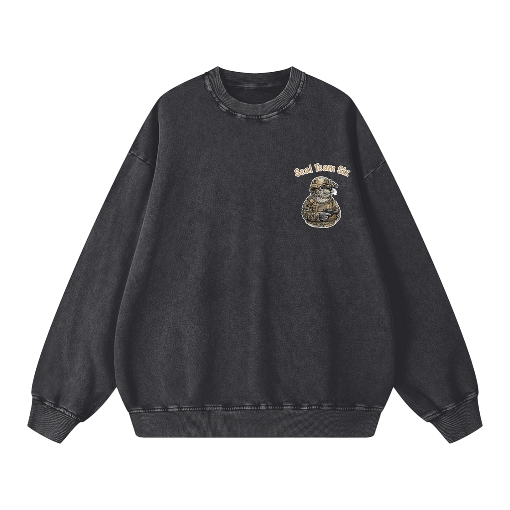 Black faded sweatshirt with SF animal seal humor as navy seal. 