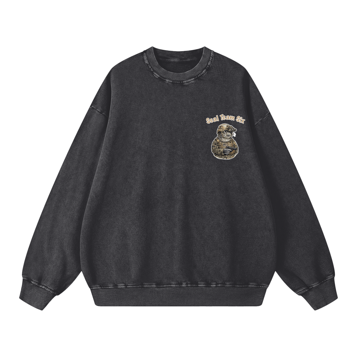 Black faded sweatshirt with SF animal seal humor as navy seal. 