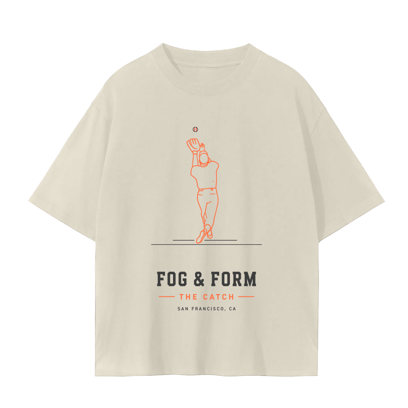 Beige SF streetwear sports t-shirt with baseball player catch design.
