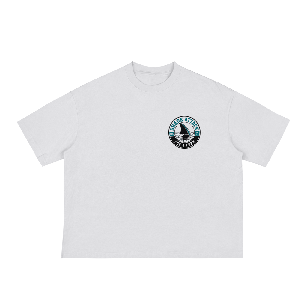 White t-shirt with a hockey chest icon for shark attack.