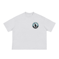 White t-shirt with a hockey chest icon for shark attack.