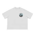 White t-shirt with a hockey chest icon for shark attack.