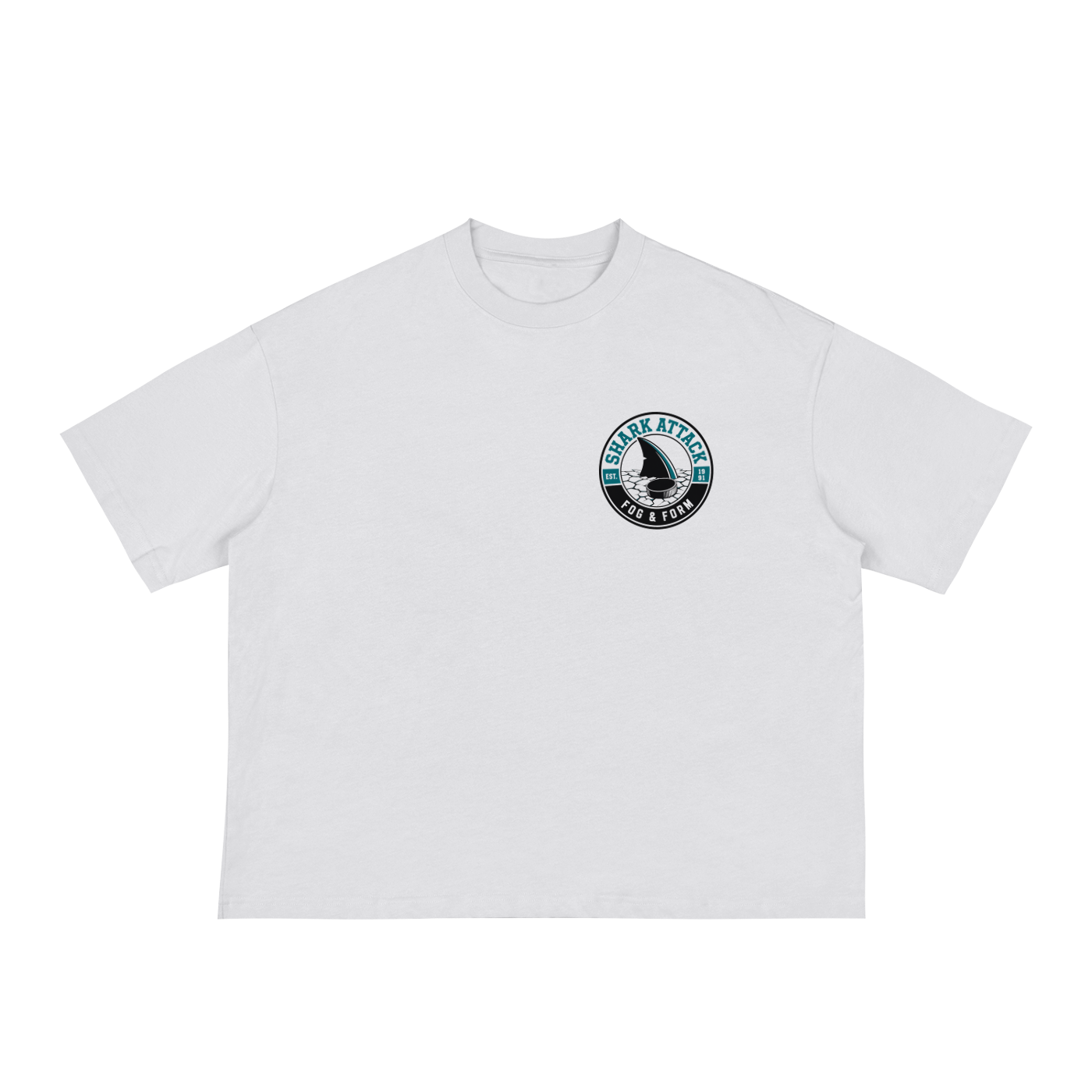 White t-shirt with a hockey chest icon for shark attack.