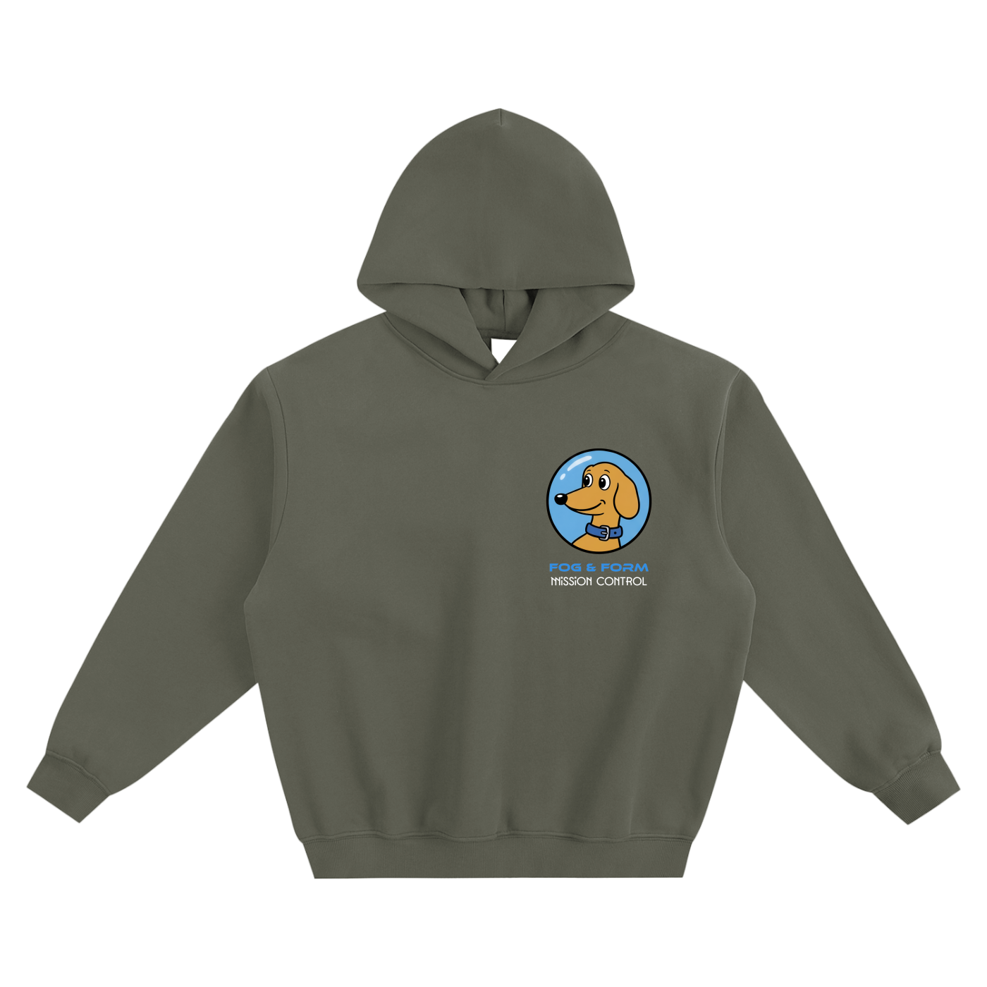 An grey green pullover hoodie featuring a circular graphic on the left chest with a cartoon dog in mural space theme. 