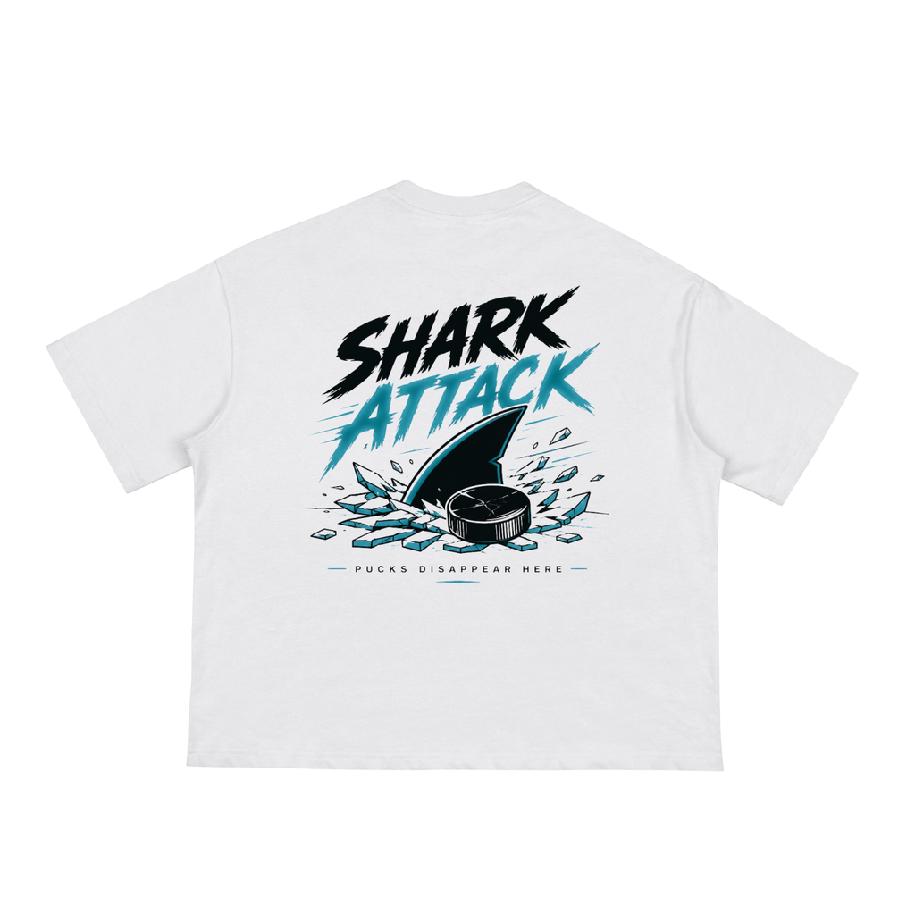 Streetwear white t-shirt with 'Shark Attack' hockey design.