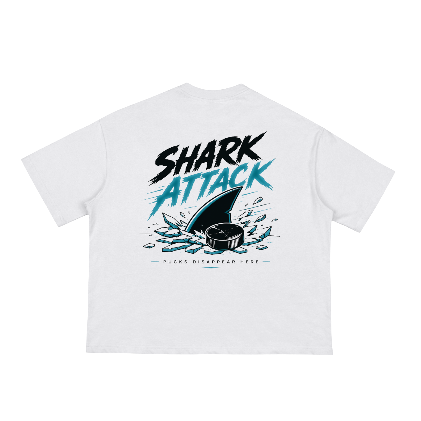 Streetwear white t-shirt with 'Shark Attack' hockey design.