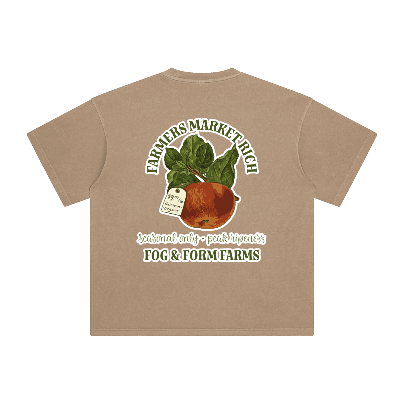 A faded tan short-sleeve t-shirt shown from the back, featuring a large graphic print of a red apple with leaves and text that reads 'FARMERS MARKET RICH', 'seasonal only - peak ripeness', and 'FOG & FORM FARMS'.