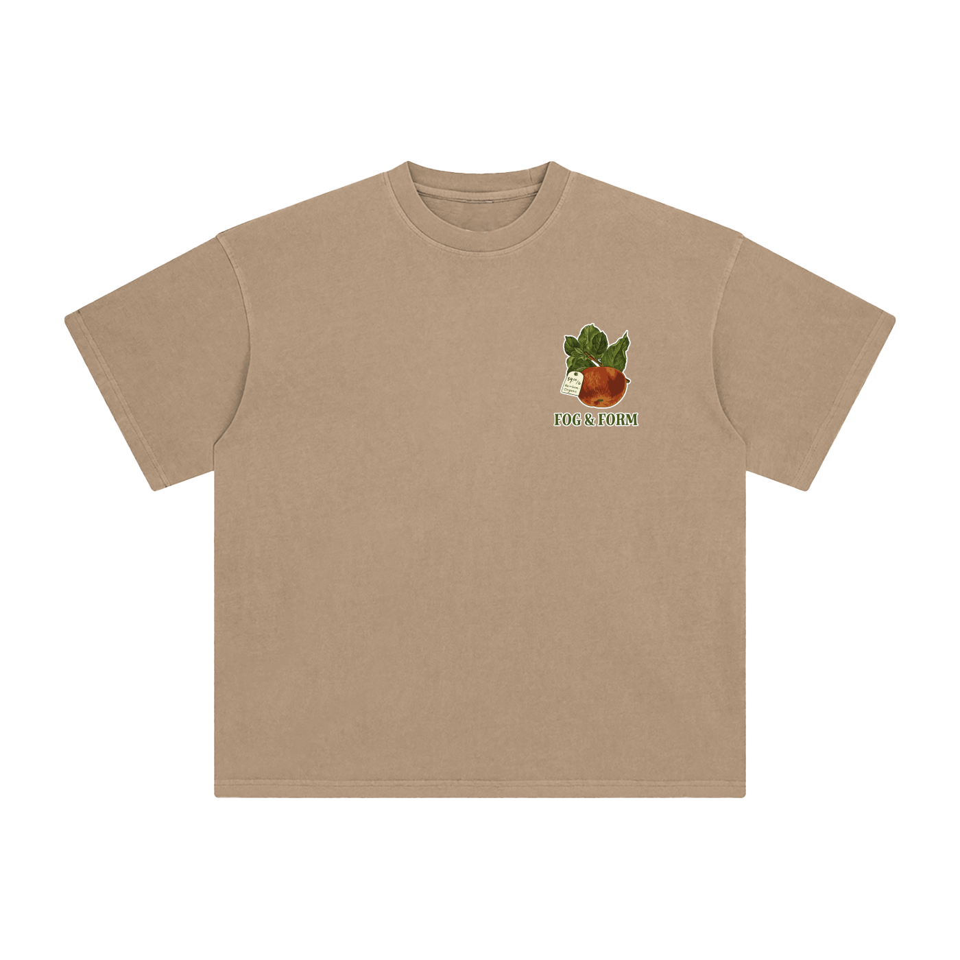A light brown short-sleeve crewneck t-shirt with a small graphic on the left chest showing an apple.