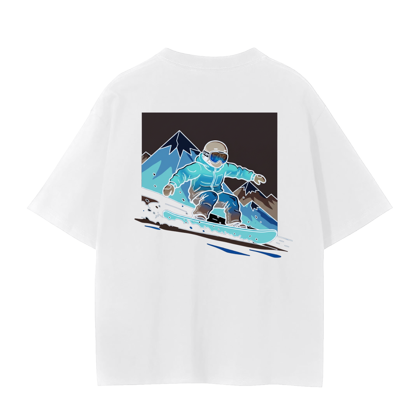 White t-shirt with a graphic of a person snowboarding on a mountain.