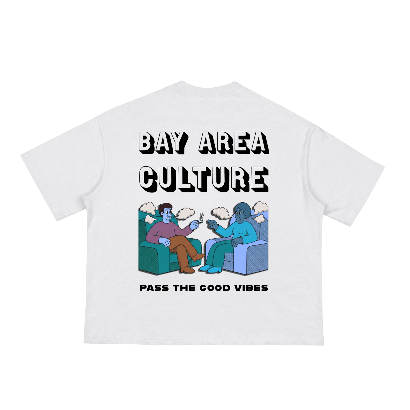 A white short sleeve t-shirt with a graphic print on the back, featuring the text Bay Area Culture, above an illustration of two cartoonish characters smoking,