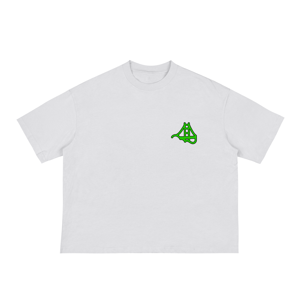 A white durable short-sleeve crewneck t-shirt with a small green graphic of a stylized bridge on the left chest.