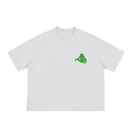 A white durable short-sleeve crewneck t-shirt with a small green graphic of a stylized bridge on the left chest.