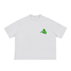 A white durable short-sleeve crewneck t-shirt with a small green graphic of a stylized bridge on the left chest.