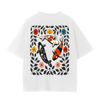 A white short-sleeve t-shirt with a large graphic print on the back featuring three koi fish surrounded by a black leafy border and colorful flowers.