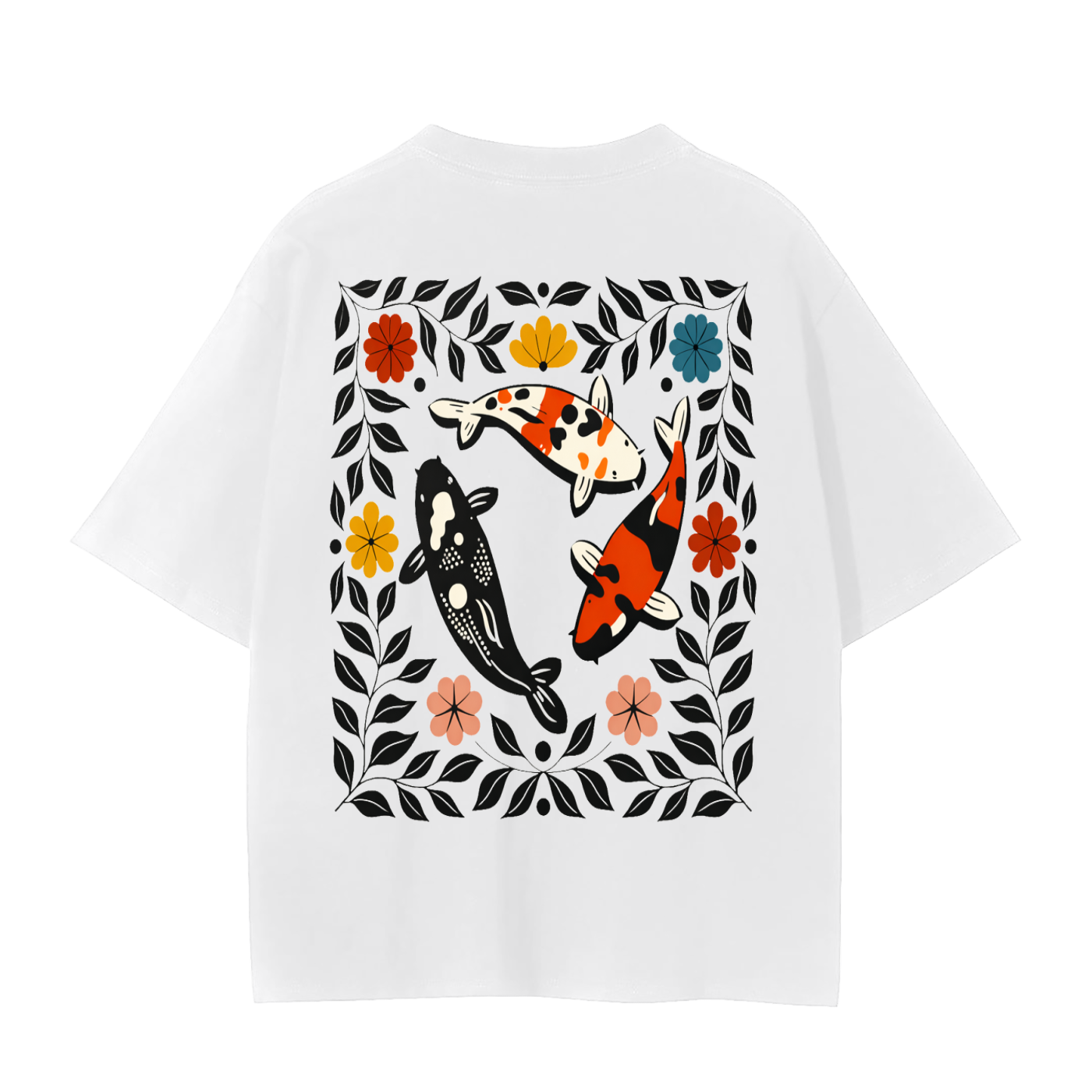 A white short-sleeve t-shirt with a large graphic print on the back featuring three koi fish surrounded by a black leafy border and colorful flowers.