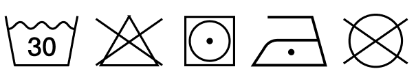 Garment care instruction symbols showing machine wash cold at 30°C, do not bleach, tumble dry low, iron on low heat, and do not dry clean.