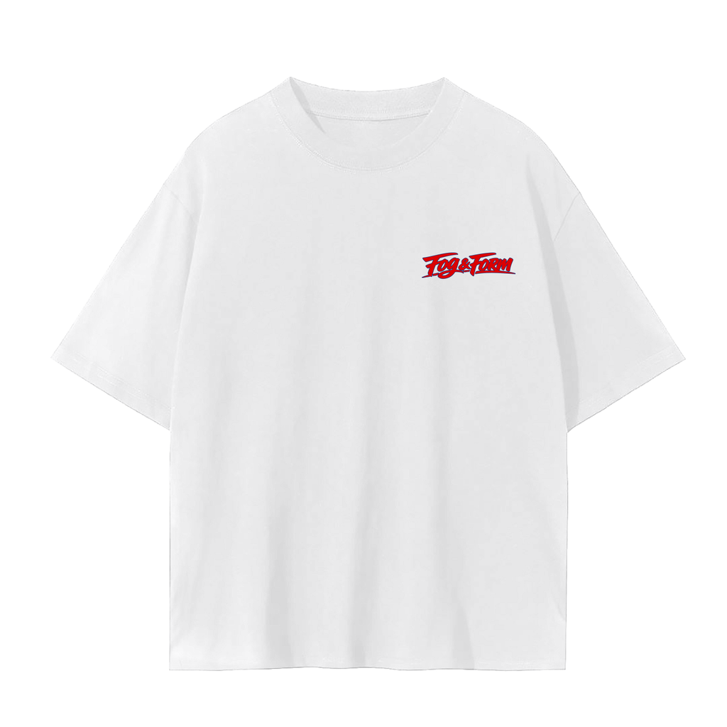 A white short-sleeve crewneck t-shirt with a red 'Fog & Form' printed on the left chest.