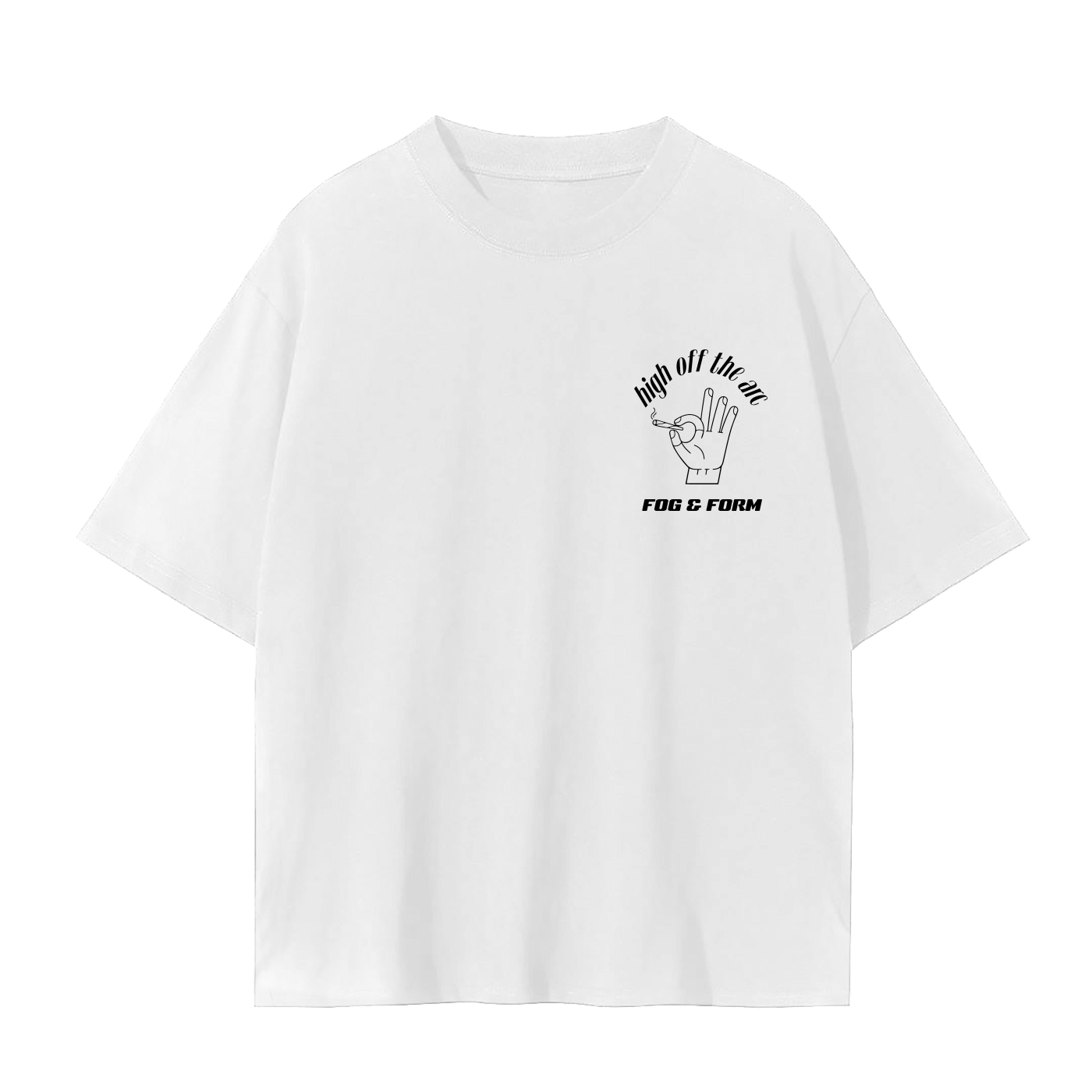 White t-shirt with three pointer hand symbol with joint graphic.