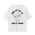 White t-shirt with Bay Area basketball and smoker culture design on back.