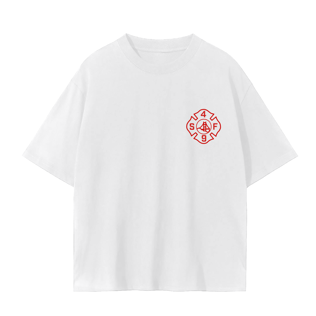 White t-shirt with a red SF fire logo for public service. 