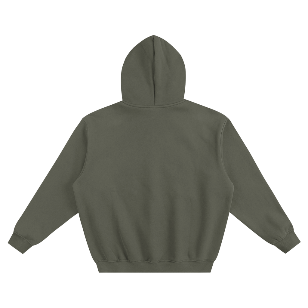 Back of green grey heavyweight soft streetwear hoodie.